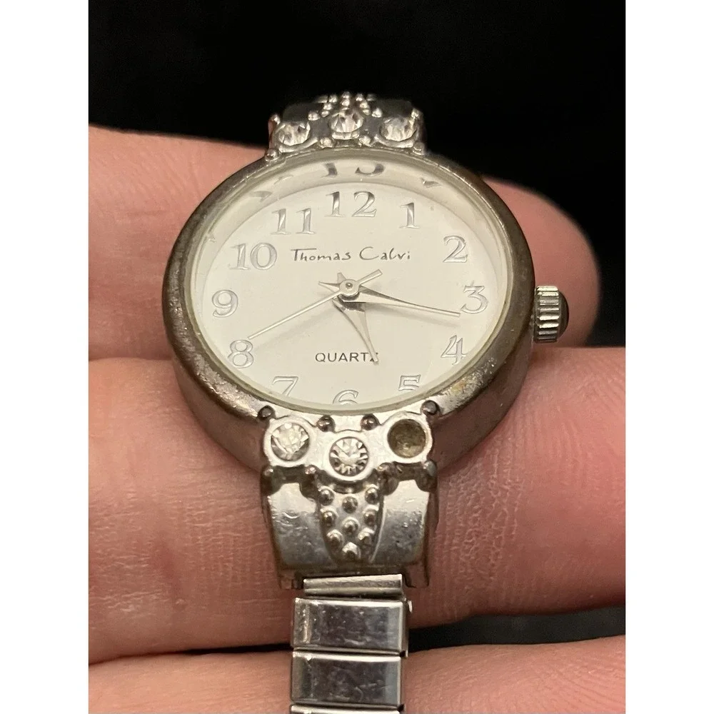 Thomas Calvi Quartz Crystal Rhinestone Bezel VTG Women’s Watch Silver Tone Works